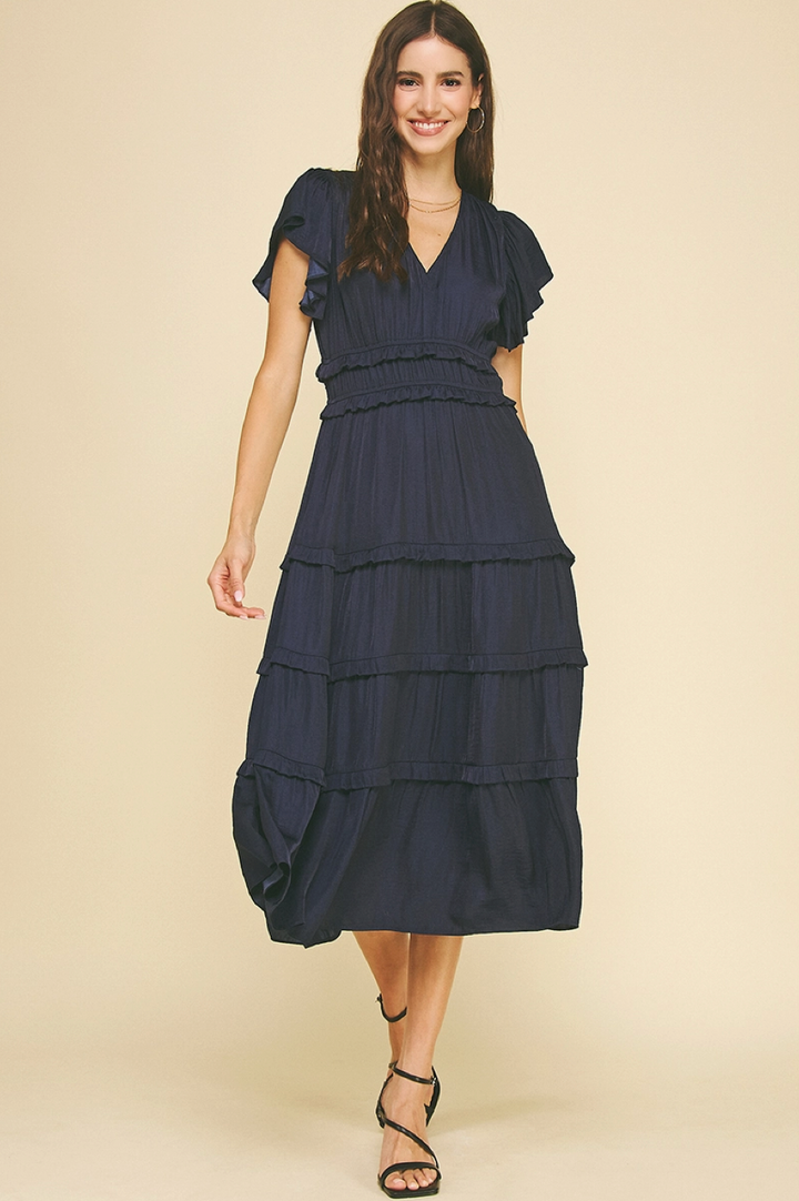 Twilight Whisper Tiered Midi Dress - Dusty Blue