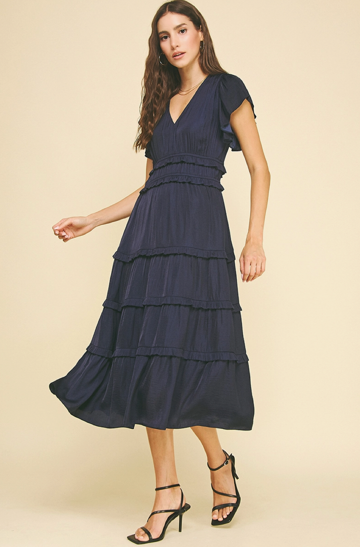 Twilight Whisper Tiered Midi Dress - Dusty Blue