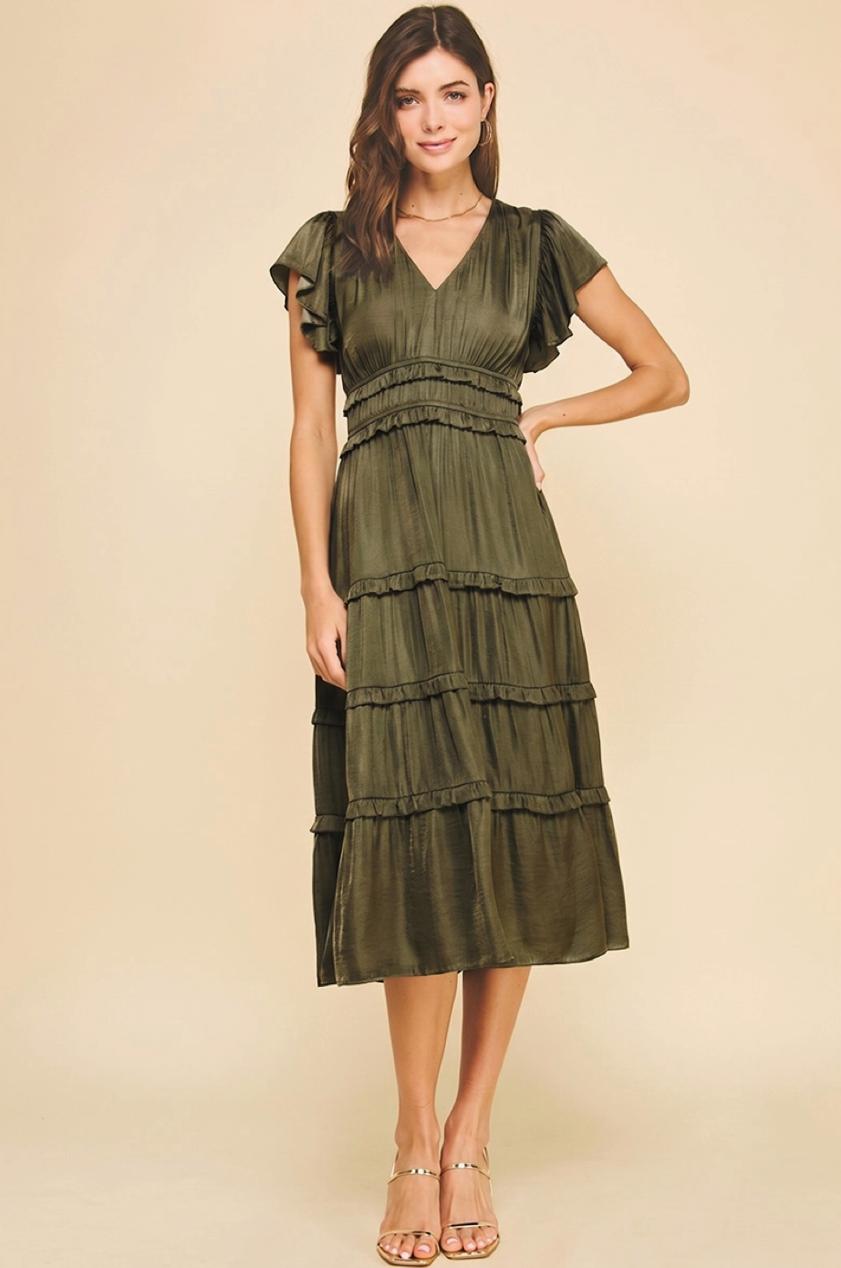 Harvest Moon Tiered Midi Dress - Dusty Olive