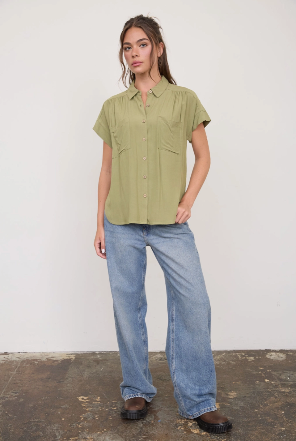 The Fiona Short Sleeve Button-Down in Olive