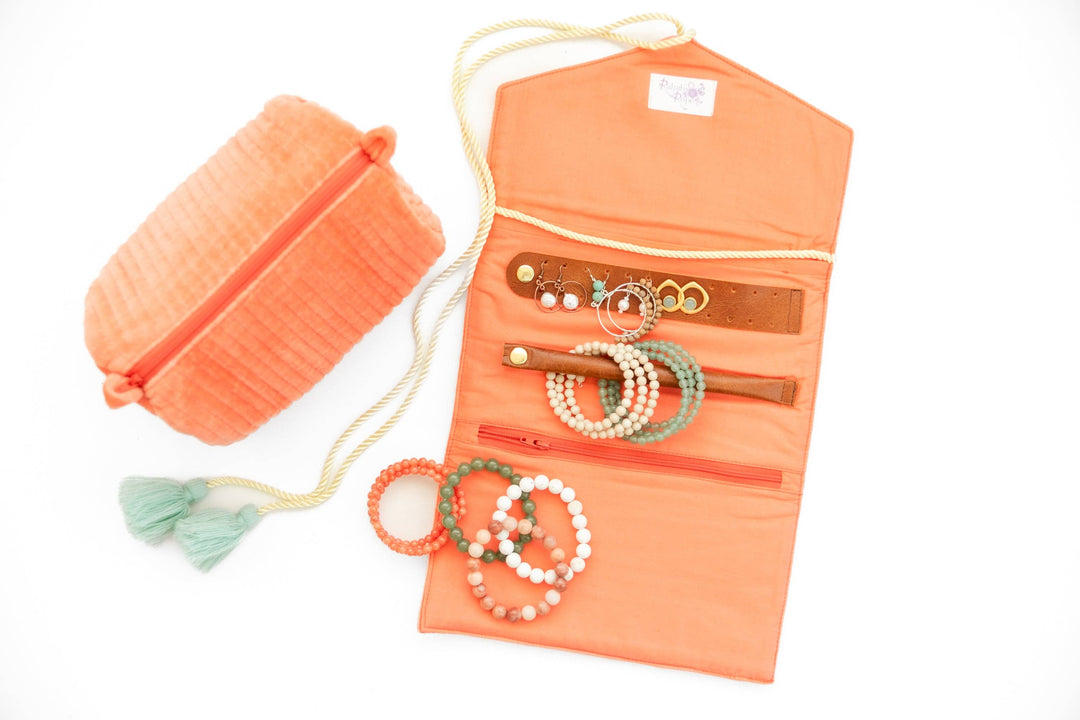 Rahab's Rope - Embroidered Velvet Jewelry Organizer-Coral