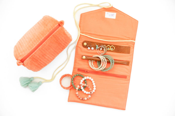 Rahab's Rope - Embroidered Velvet Jewelry Organizer-Coral