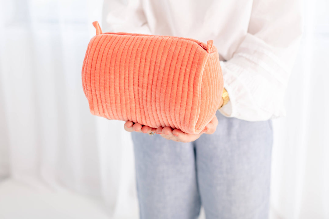 Rahab's Rope - Velvet & Block Print Lined Cosmetic Pouch-Coral