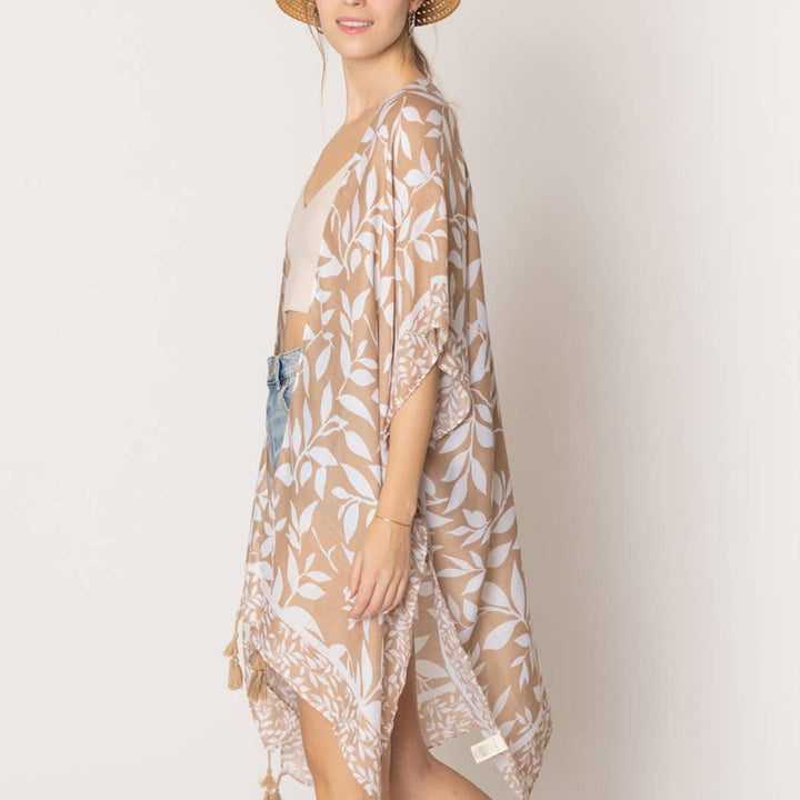 Leaf Print Summer Kimono with Tassels: One Size / TPE