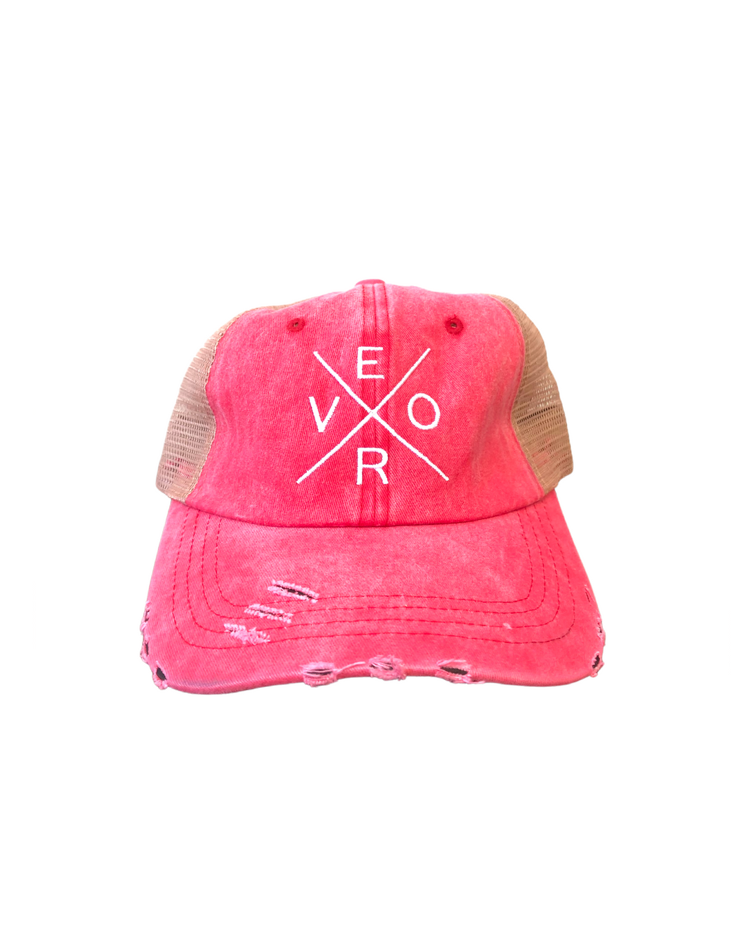 Vero Distressed Trucker Hat - Coral & Khaki