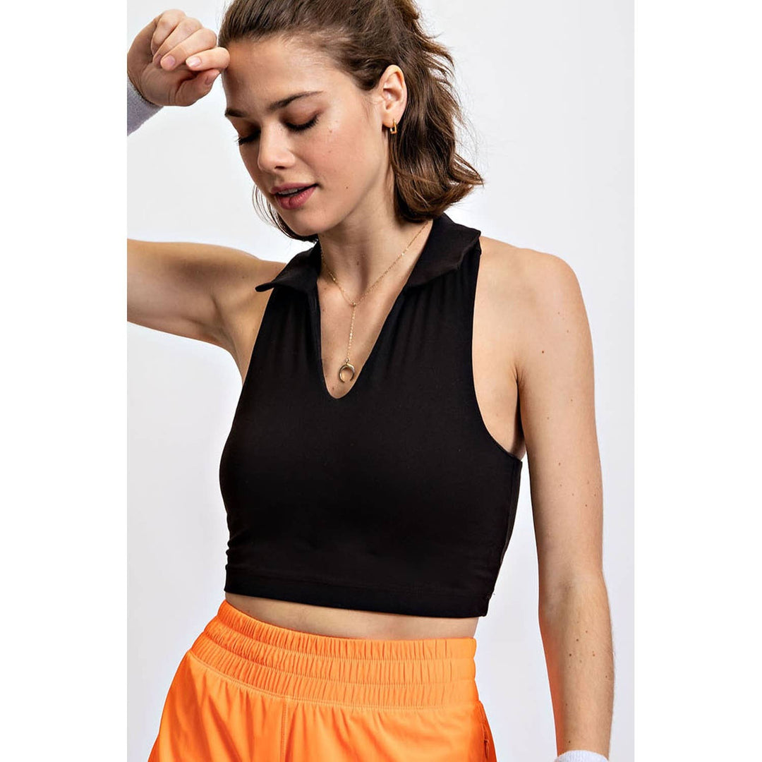 Cool Down Collared Cropped Top - Black