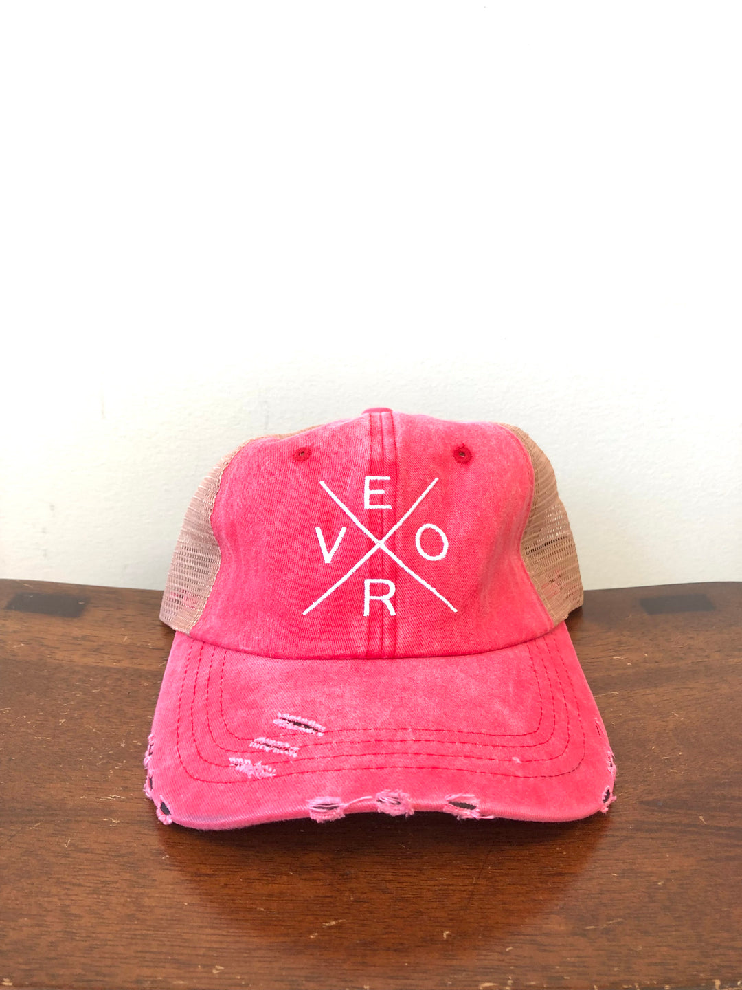 Vero Distressed Trucker Hat - Coral & Khaki